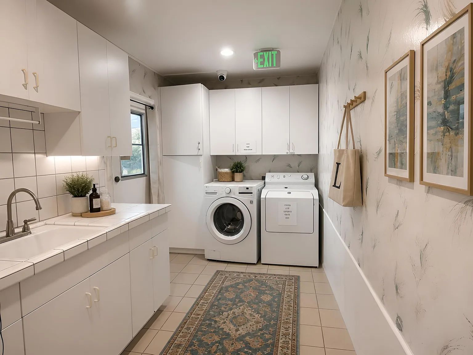 A clean laundry room with white cabinetry
