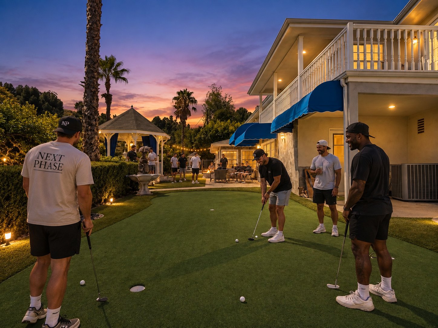 Residents putting on the backyard green at dusk with the Next Phase community gathered nearby